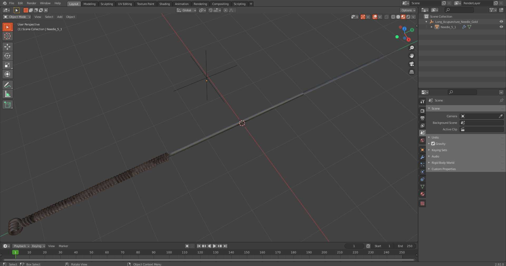 3D Long Acupuncture Needle Gold model