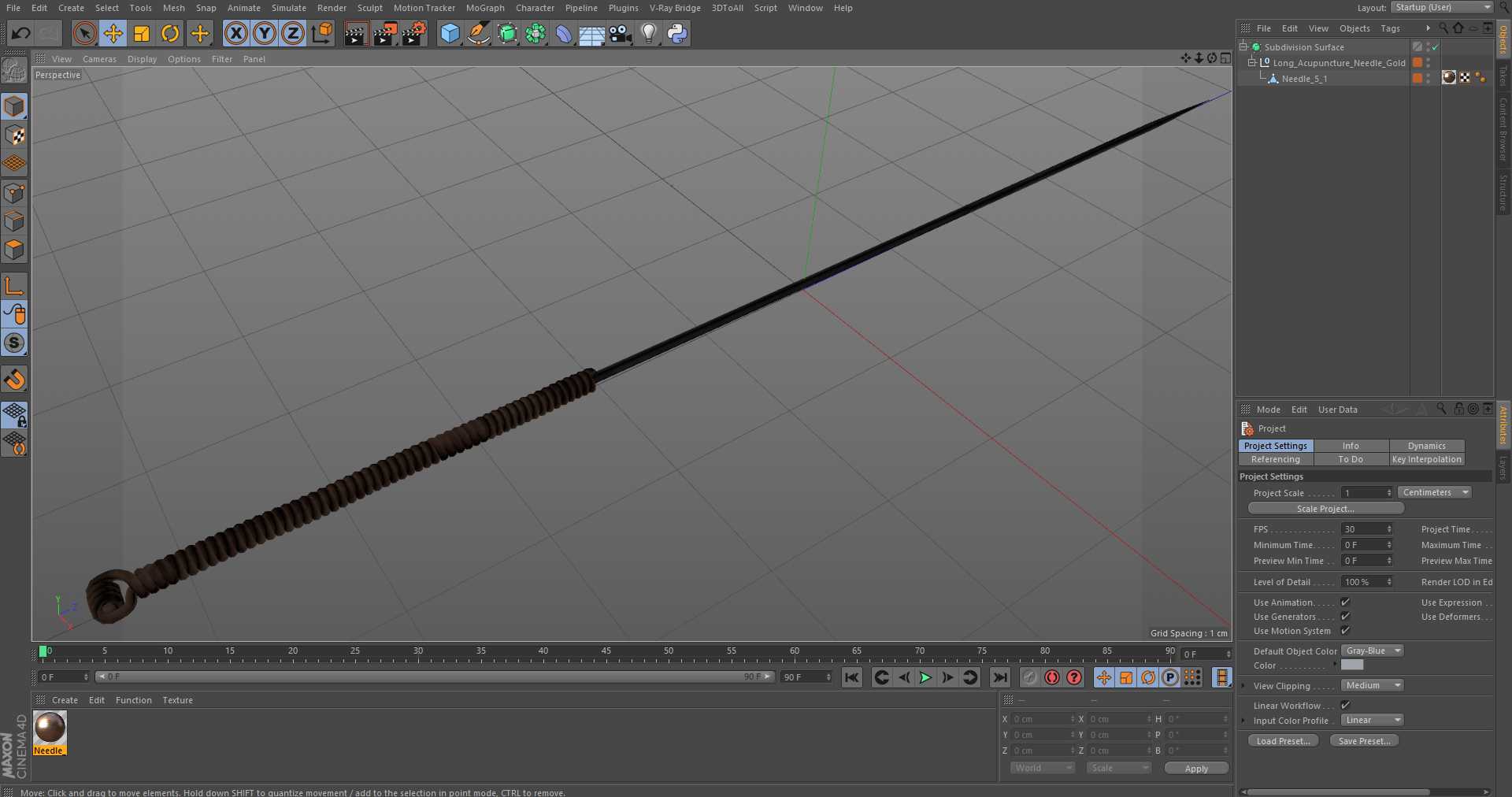 3D Long Acupuncture Needle Gold model