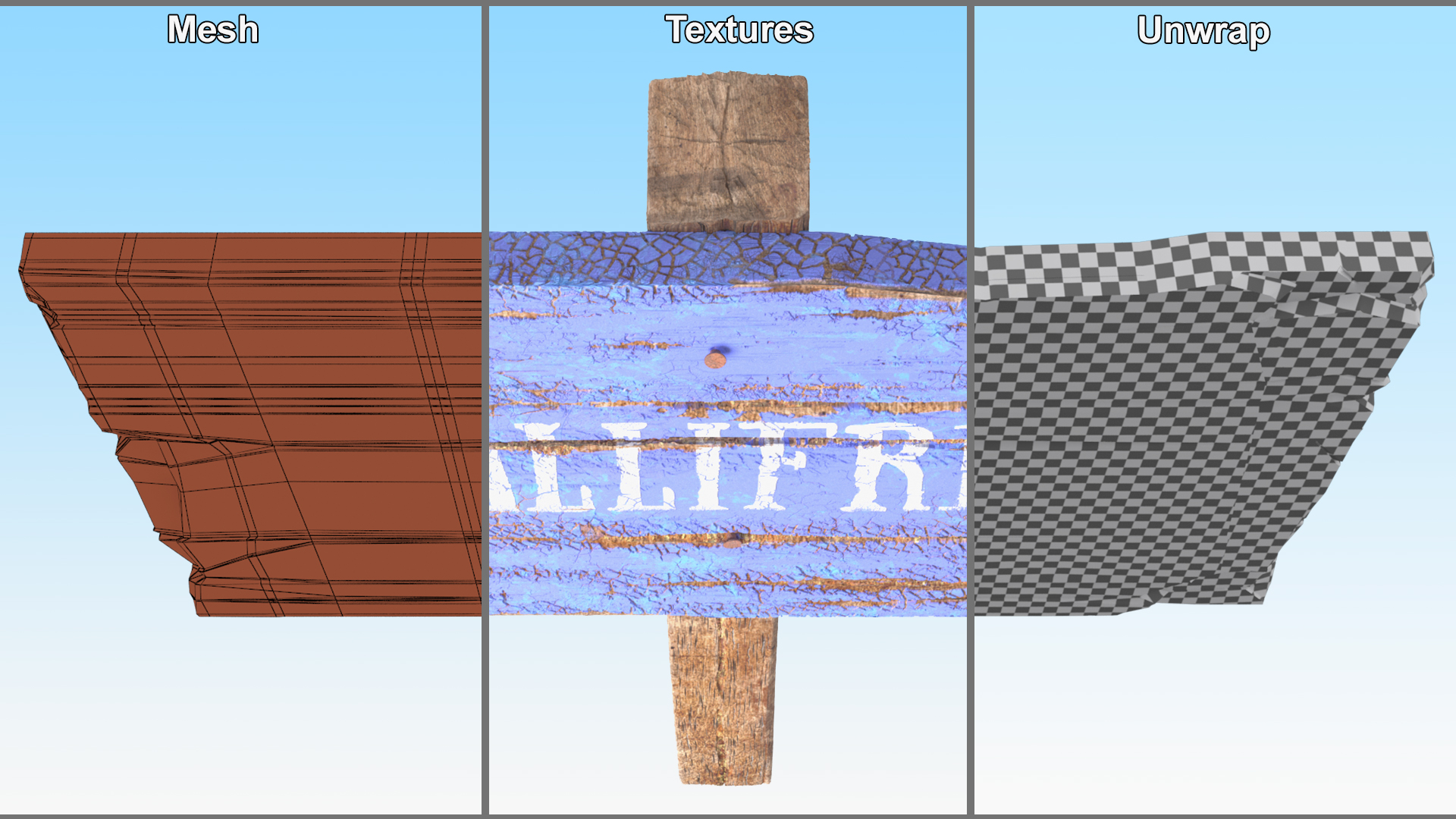 Old Rustic Wooden Road Sign 3D