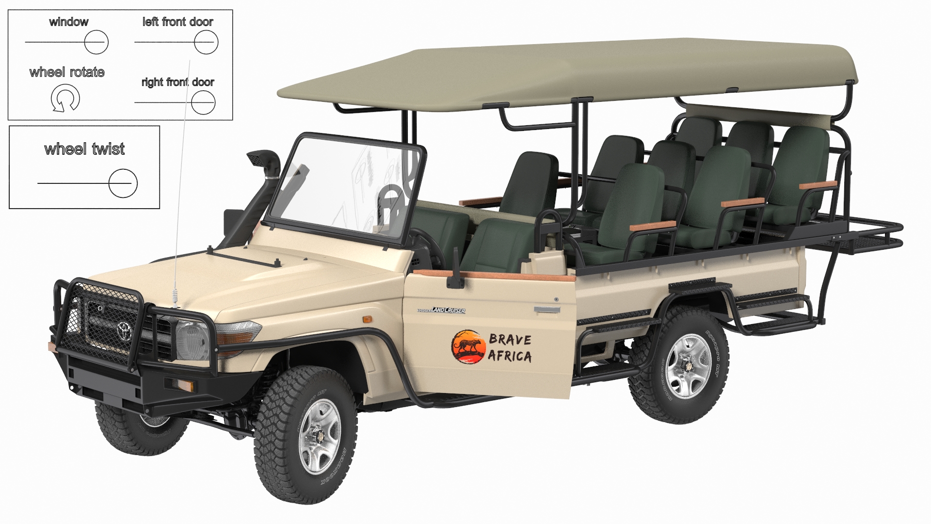 3D Toyota Land Cruiser Safari Open Sided Beige Clean Rigged