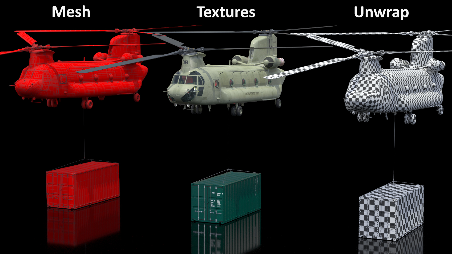 3D US Army Transport Helicopter With 20 ft ISO Container model