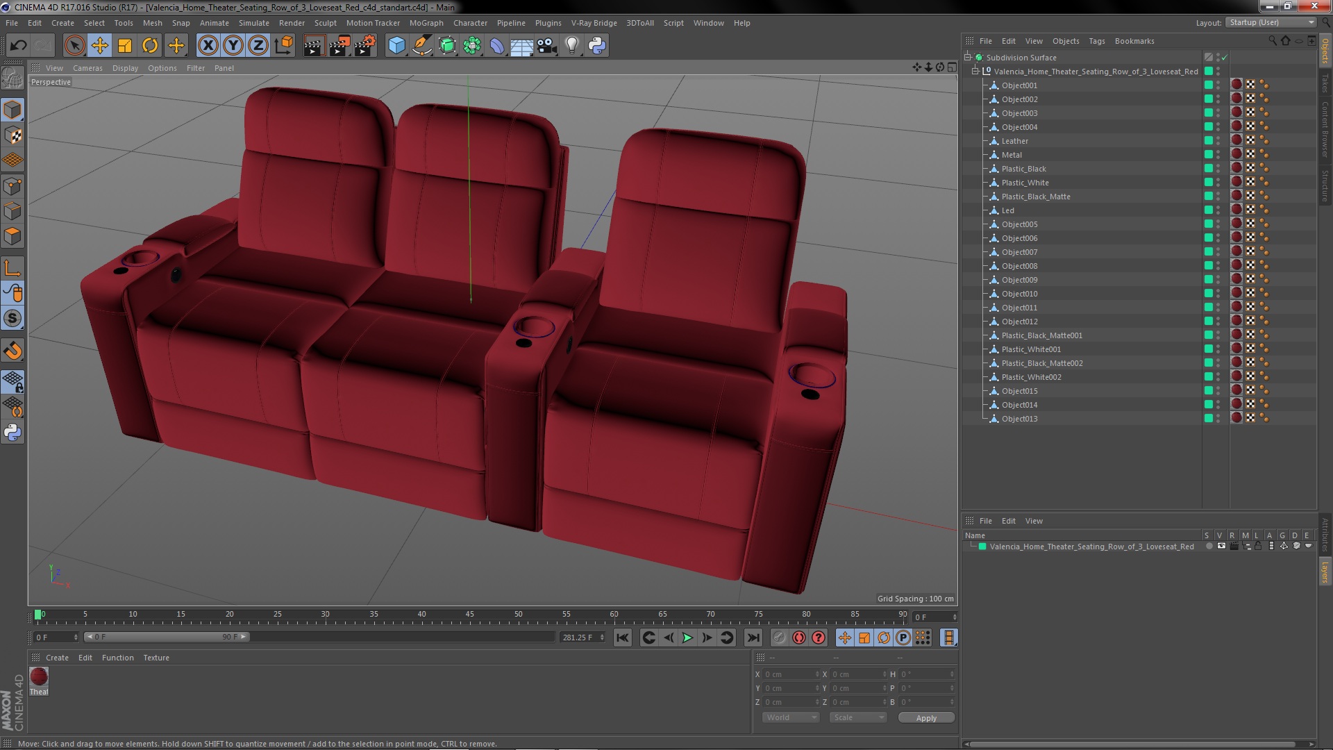 3D Valencia Home Theater Seating Row of 3 Loveseat Red