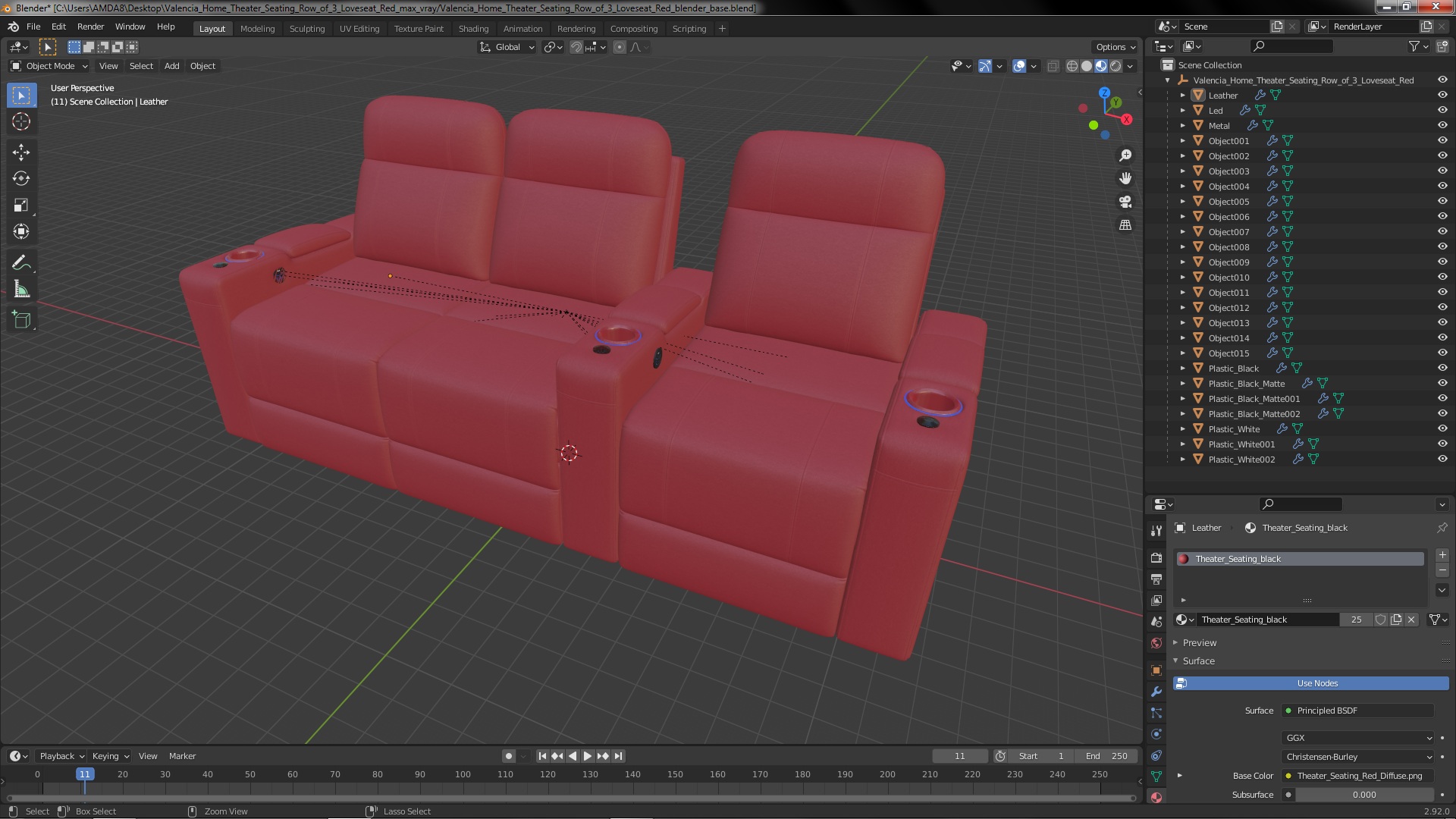 3D Valencia Home Theater Seating Row of 3 Loveseat Red