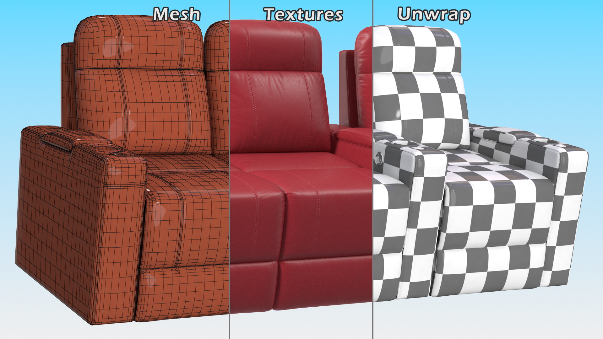 3D Valencia Home Theater Seating Row of 3 Loveseat Red