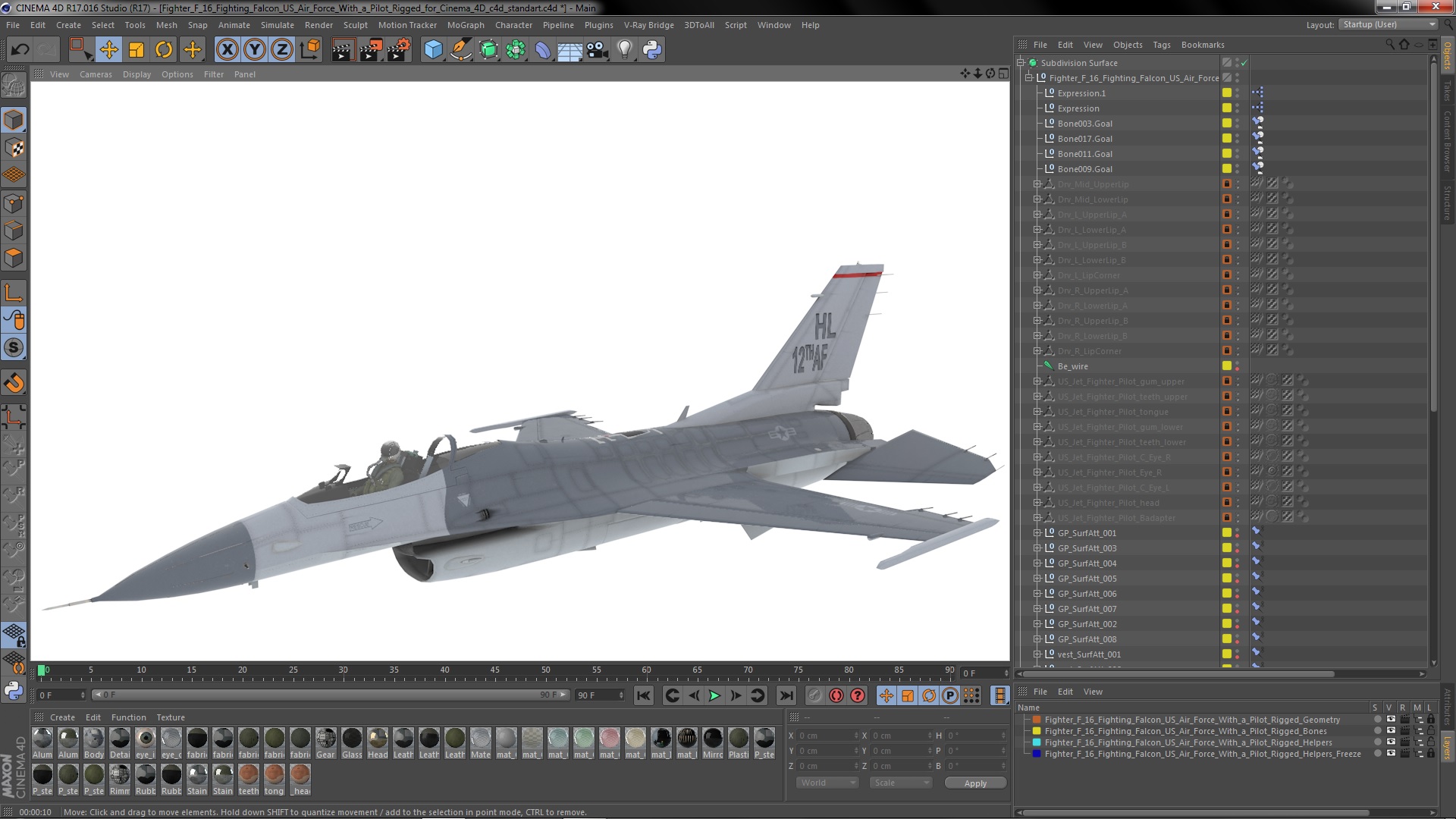 3D model Fighter F 16 Fighting Falcon US Air Force With a Pilot Rigged for Cinema 4D