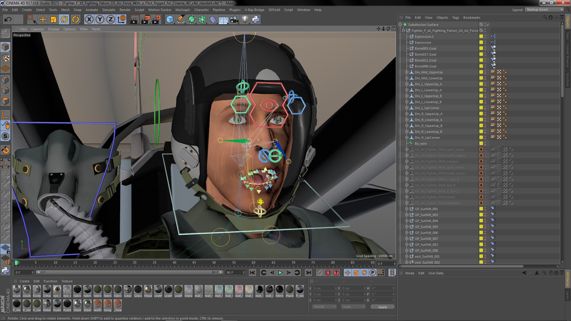 3D model Fighter F 16 Fighting Falcon US Air Force With a Pilot Rigged for Cinema 4D