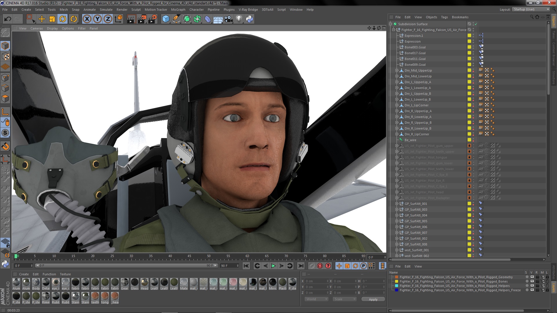 3D model Fighter F 16 Fighting Falcon US Air Force With a Pilot Rigged for Cinema 4D