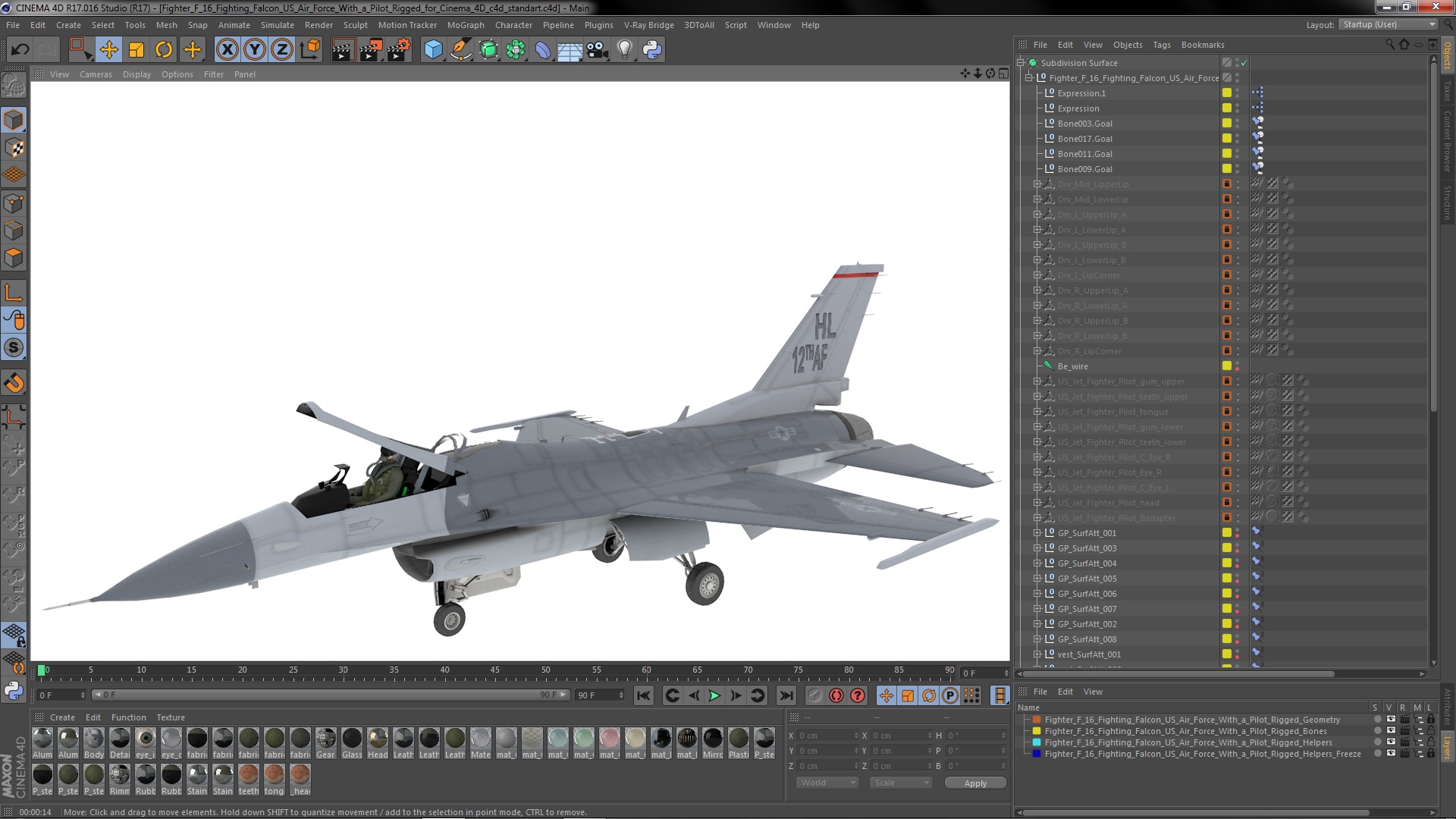3D model Fighter F 16 Fighting Falcon US Air Force With a Pilot Rigged for Cinema 4D