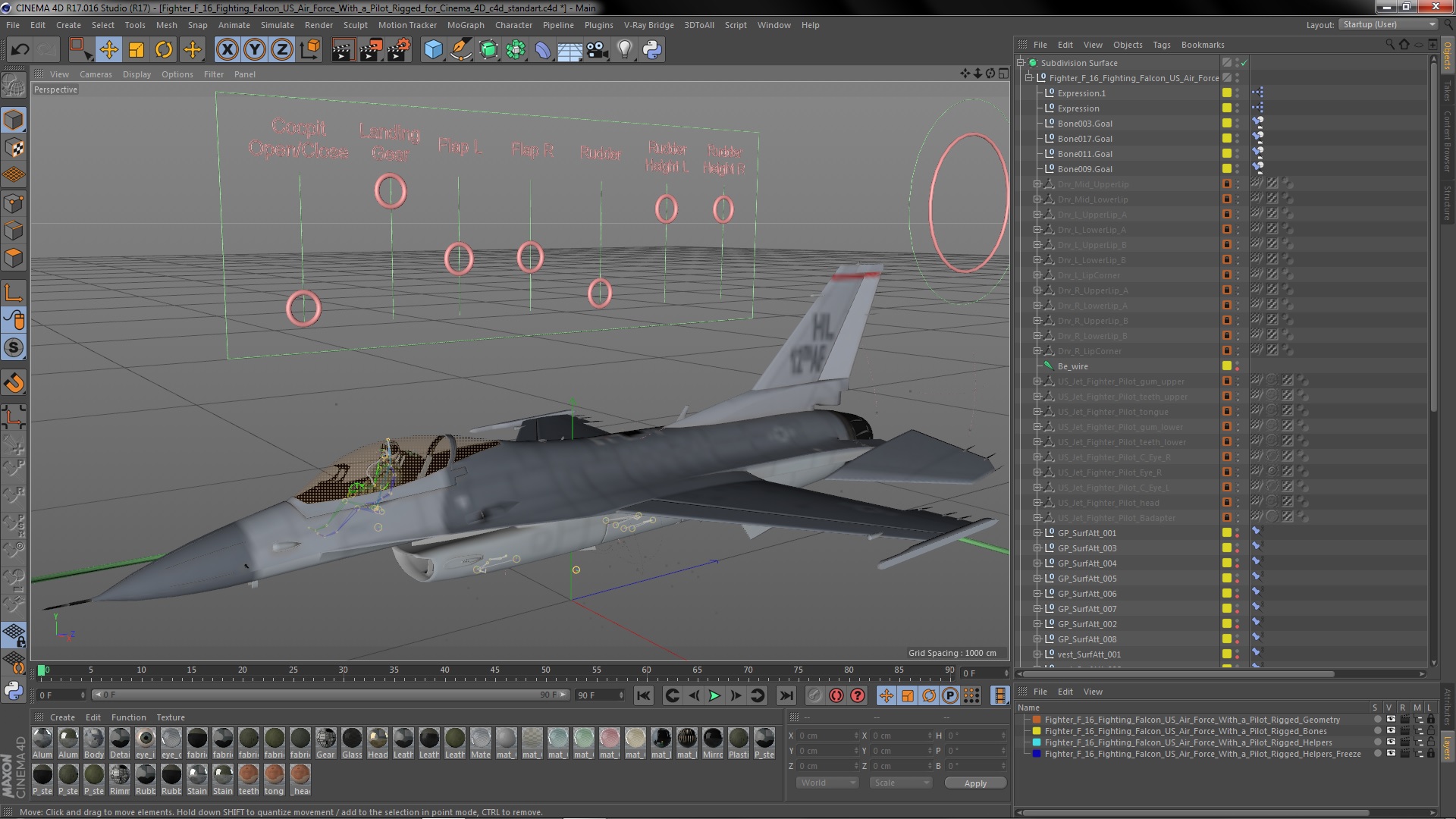 3D model Fighter F 16 Fighting Falcon US Air Force With a Pilot Rigged for Cinema 4D