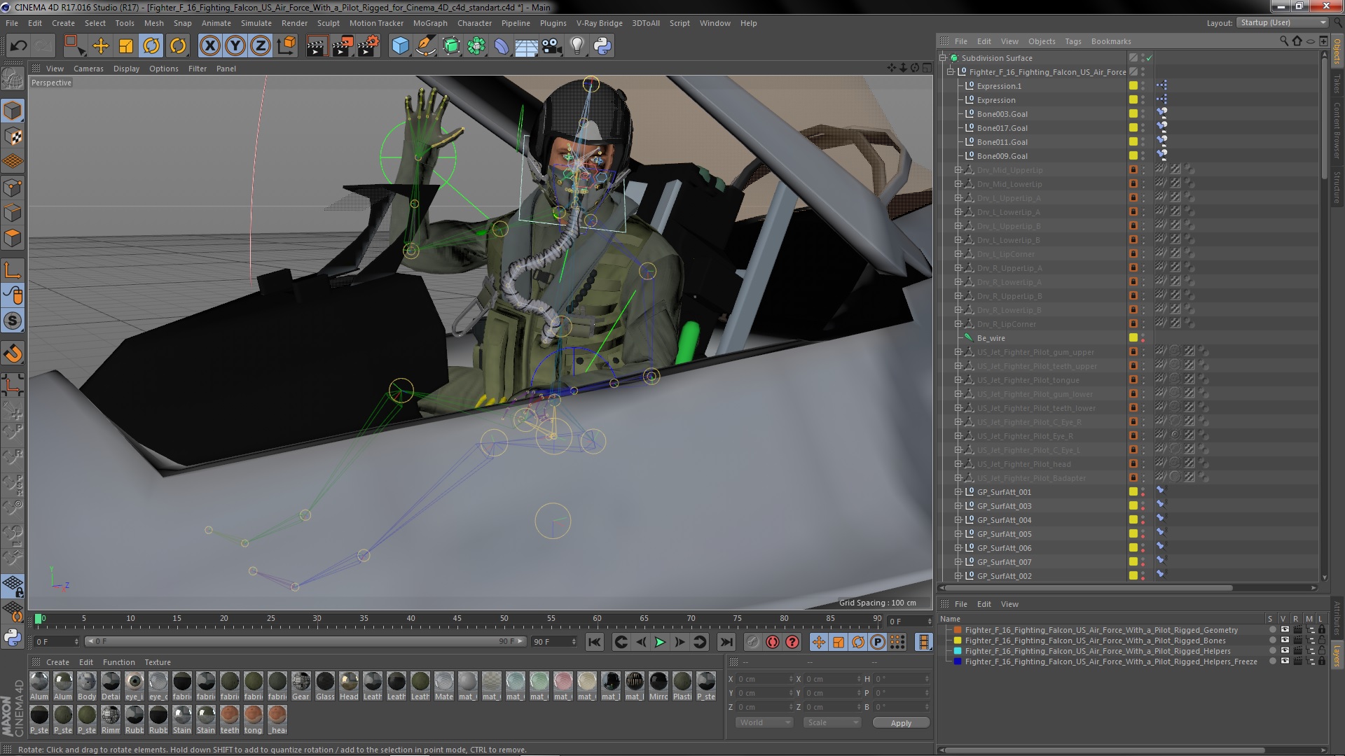 3D model Fighter F 16 Fighting Falcon US Air Force With a Pilot Rigged for Cinema 4D