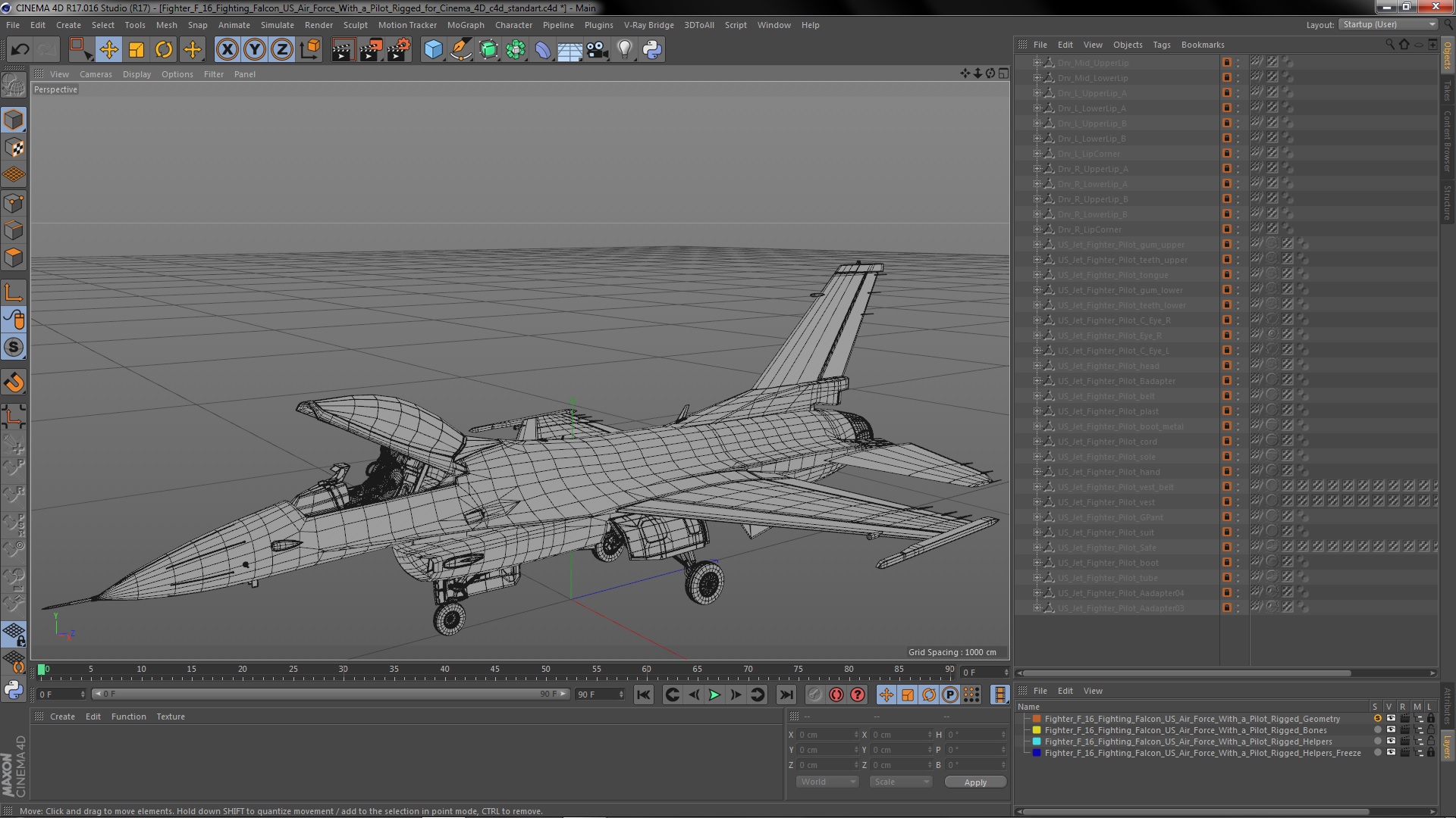 3D model Fighter F 16 Fighting Falcon US Air Force With a Pilot Rigged for Cinema 4D