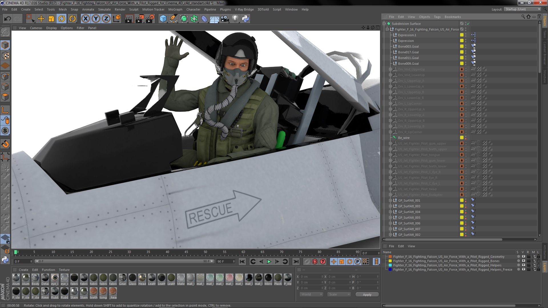 3D model Fighter F 16 Fighting Falcon US Air Force With a Pilot Rigged for Cinema 4D