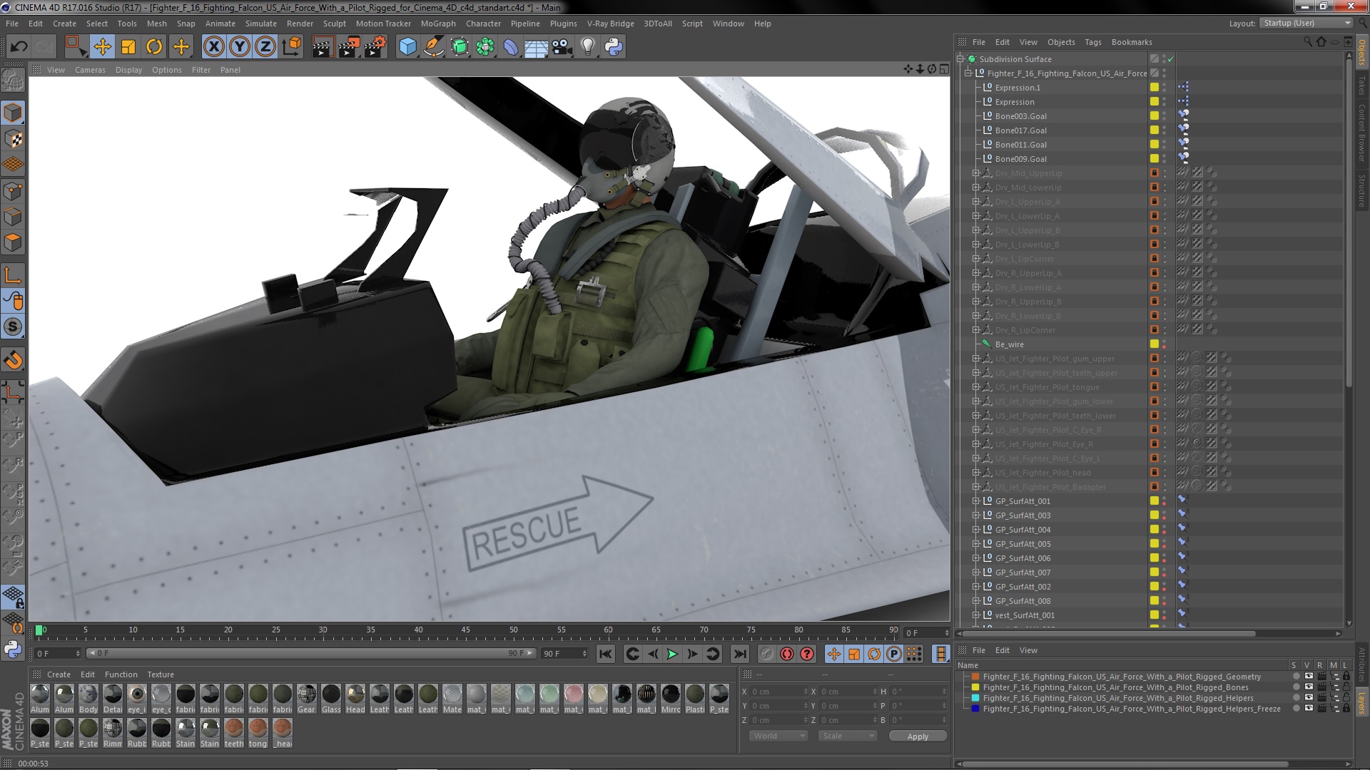 3D model Fighter F 16 Fighting Falcon US Air Force With a Pilot Rigged for Cinema 4D