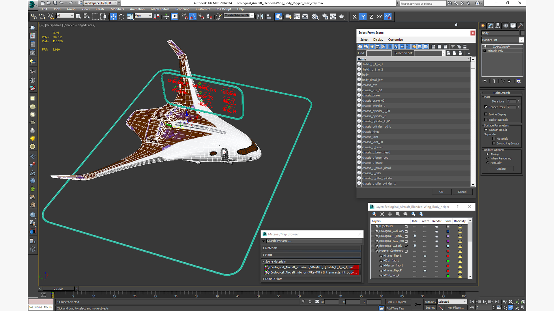 3D Ecological Aircraft Blended-Wing Body Rigged for Cinema 4D model