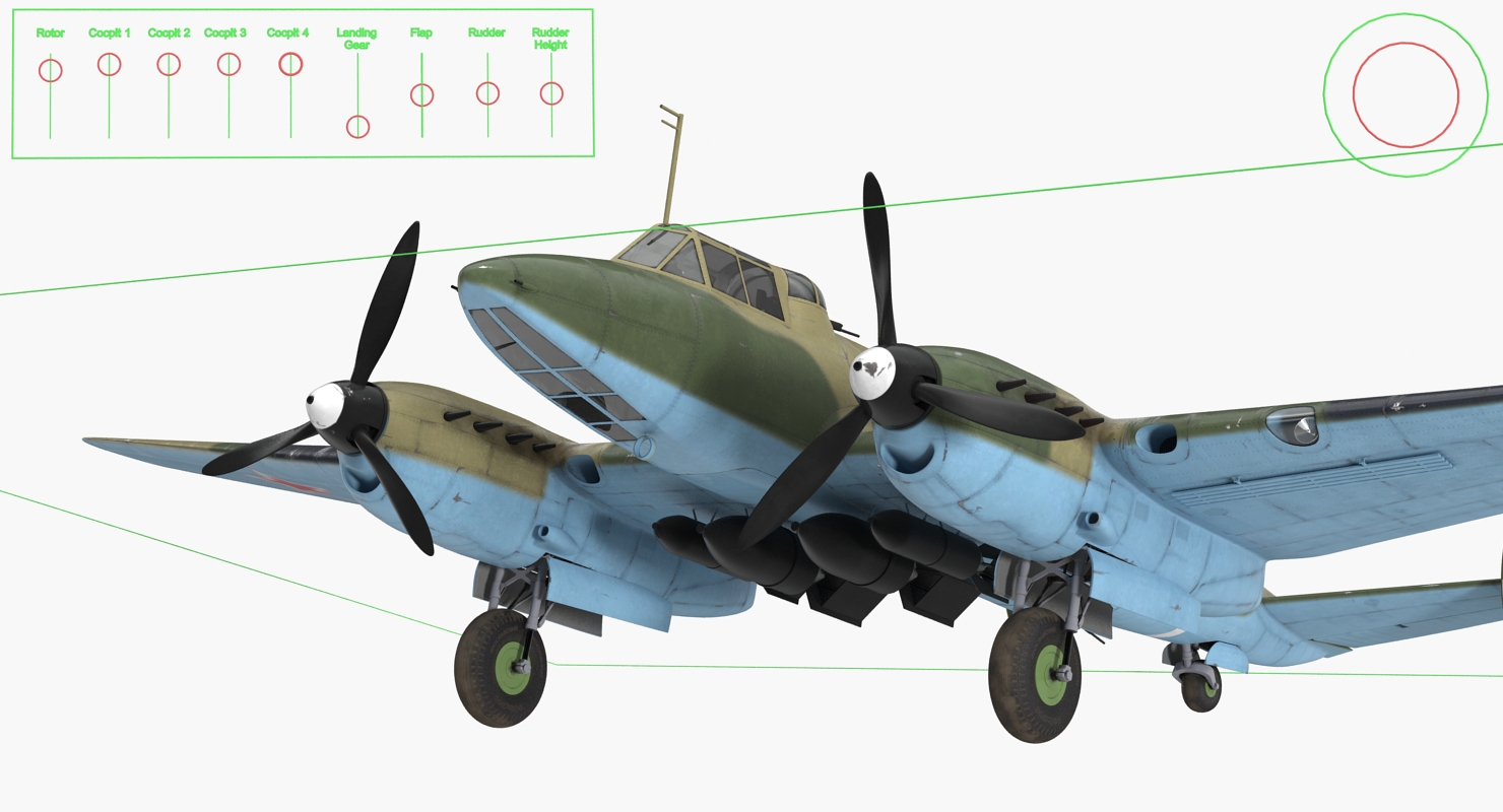 3D Soviet WWII Light Bomber Petlyakov Pe 2 Rigged