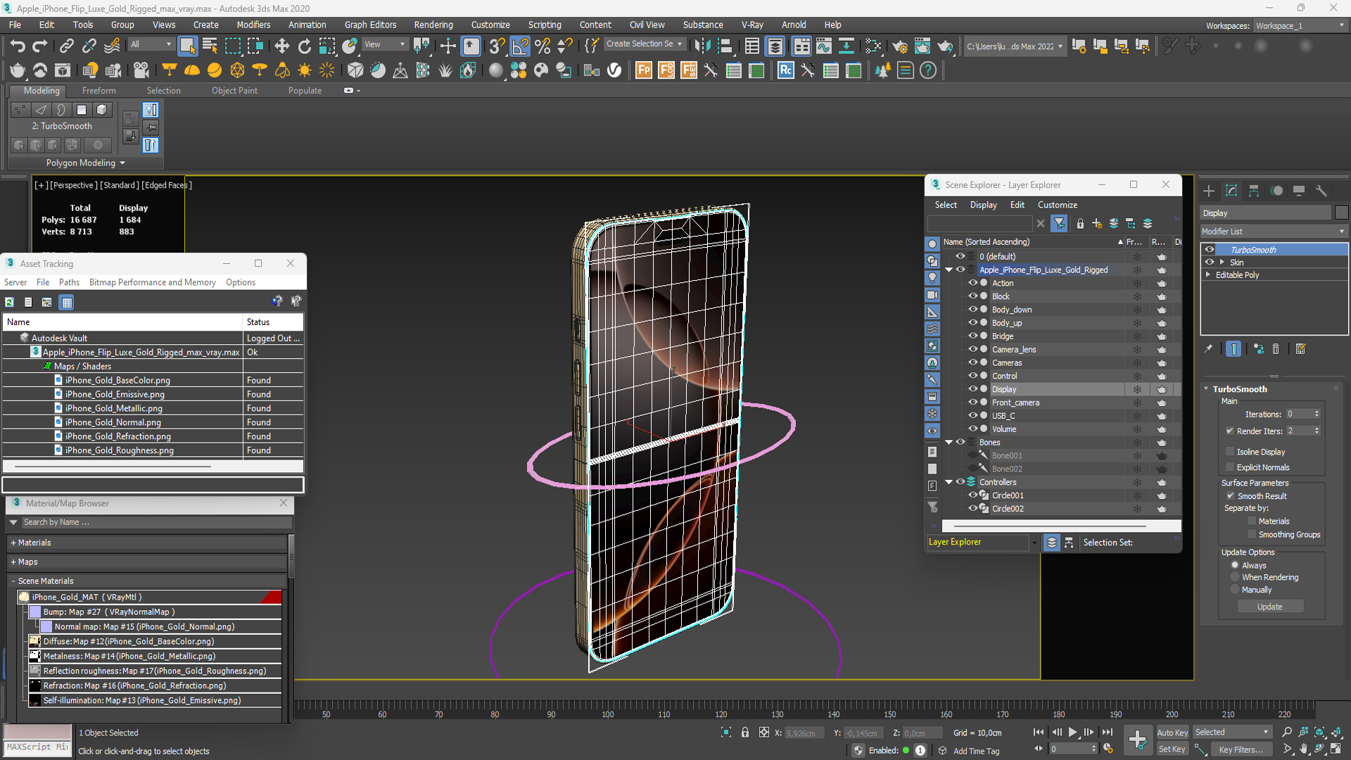 3D Apple iPhone Flip Luxe Gold Rigged for Maya model
