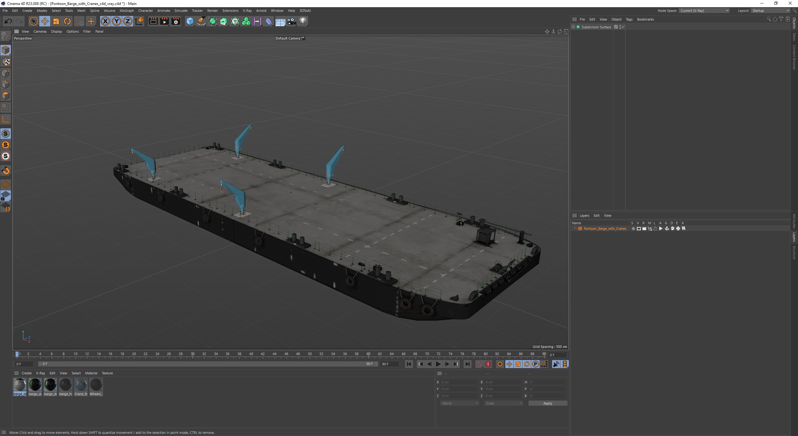 3D model Pontoon Barge with Cranes