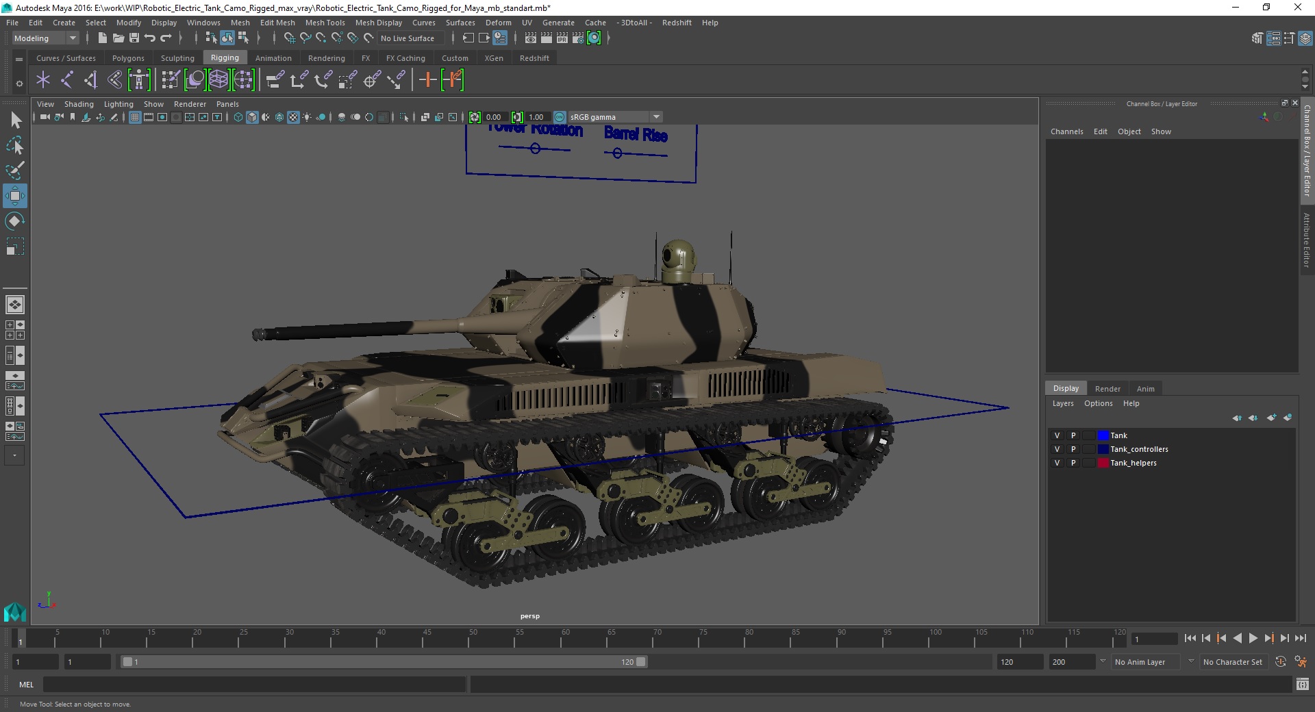 Robotic Electric Tank Camo Rigged for Maya 3D