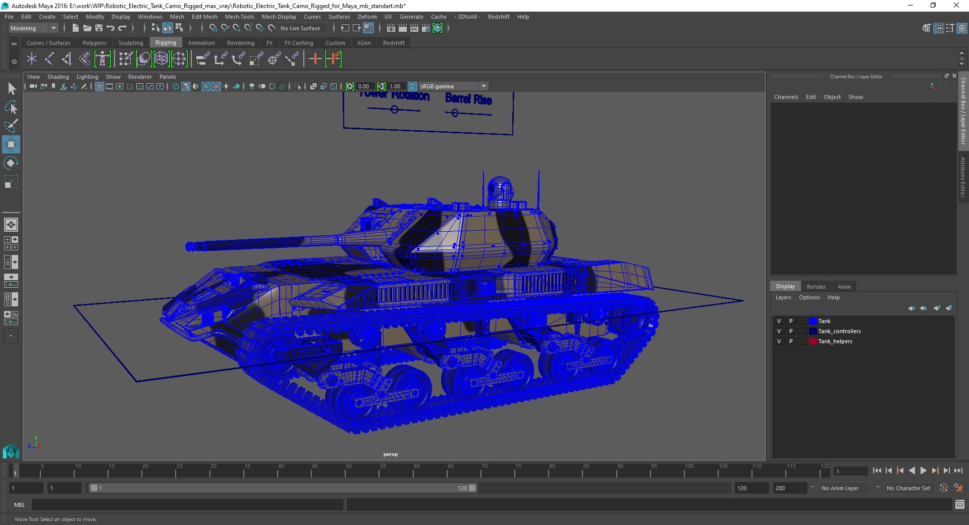 Robotic Electric Tank Camo Rigged for Maya 3D