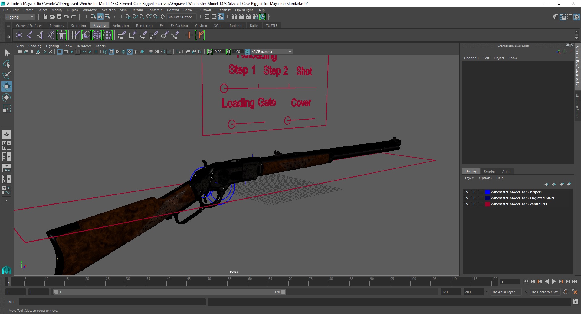 3D model Engraved Winchester Model 1873 Silvered Case Rigged for Maya
