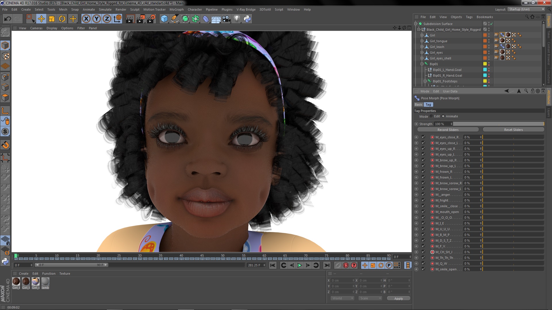 3D Black Child Girl Home Style Rigged for Cinema 4D model
