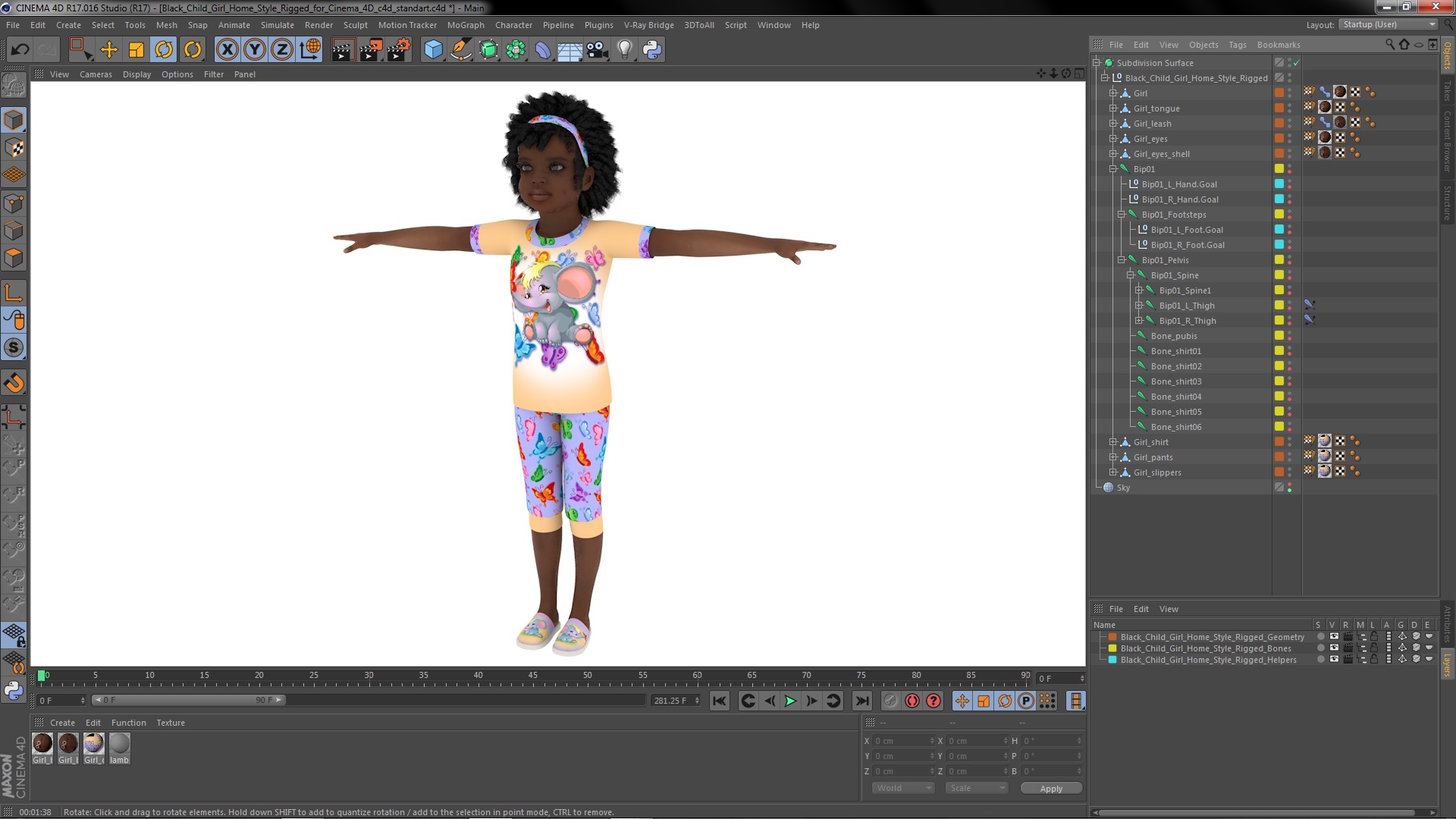 3D Black Child Girl Home Style Rigged for Cinema 4D model