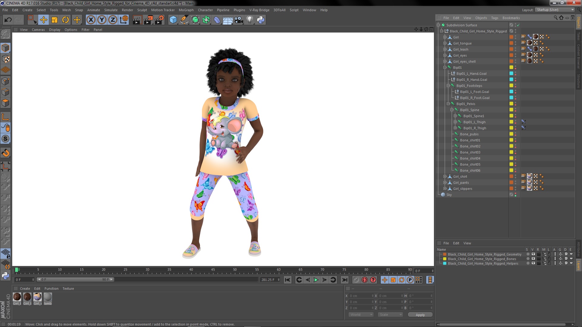 3D Black Child Girl Home Style Rigged for Cinema 4D model