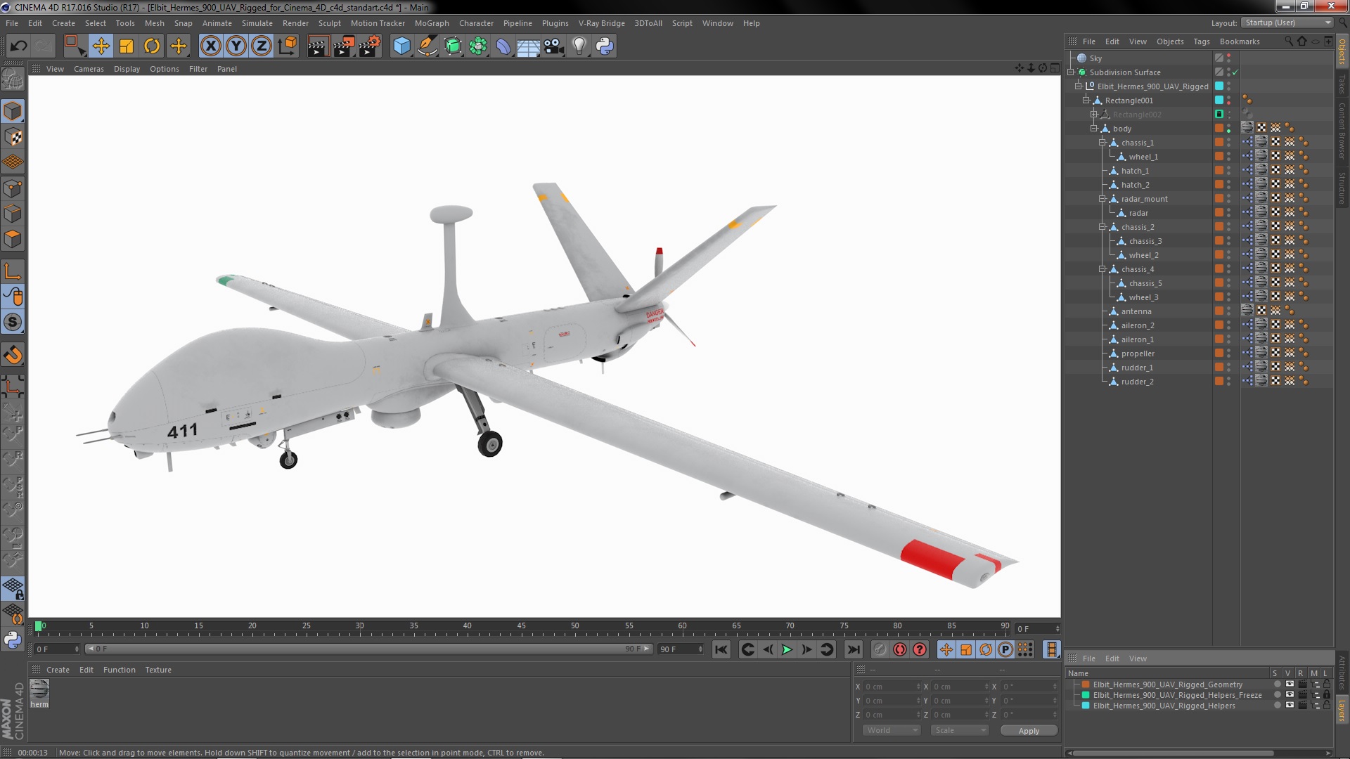 3D Elbit Hermes 900 UAV Rigged for Cinema 4D