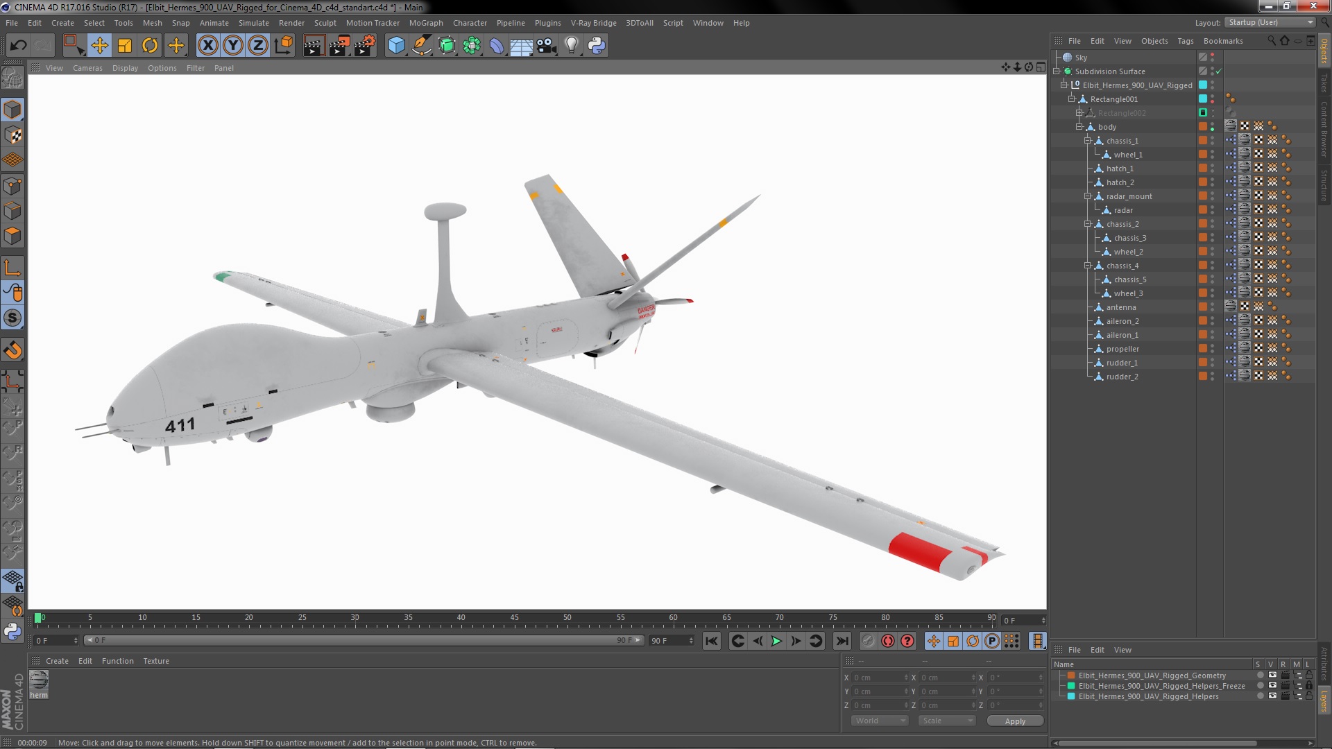 3D Elbit Hermes 900 UAV Rigged for Cinema 4D