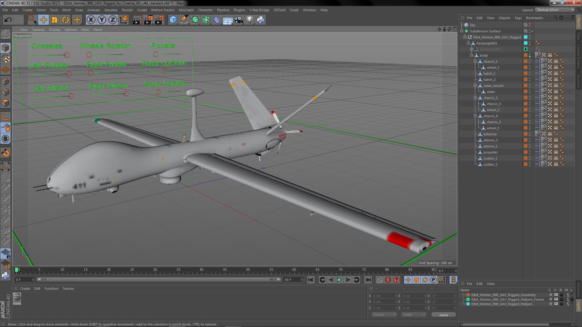 3D Elbit Hermes 900 UAV Rigged for Cinema 4D