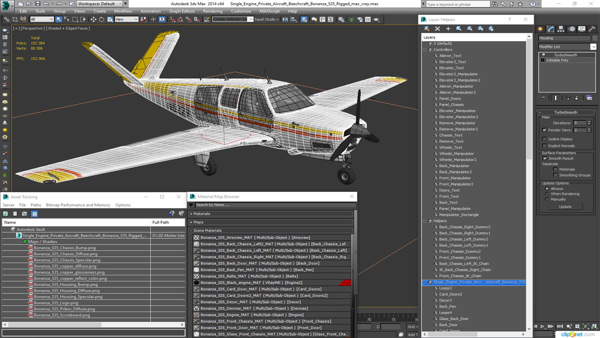 Single Engine Private Aircraft Beechcraft Bonanza S35 Rigged for Maya 3D model