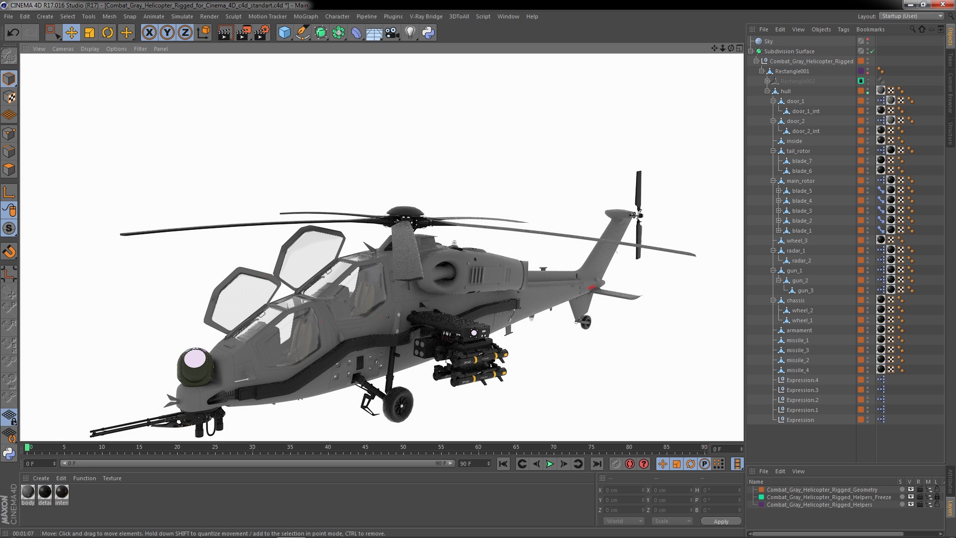 3D Combat Gray Helicopter Rigged for Cinema 4D model