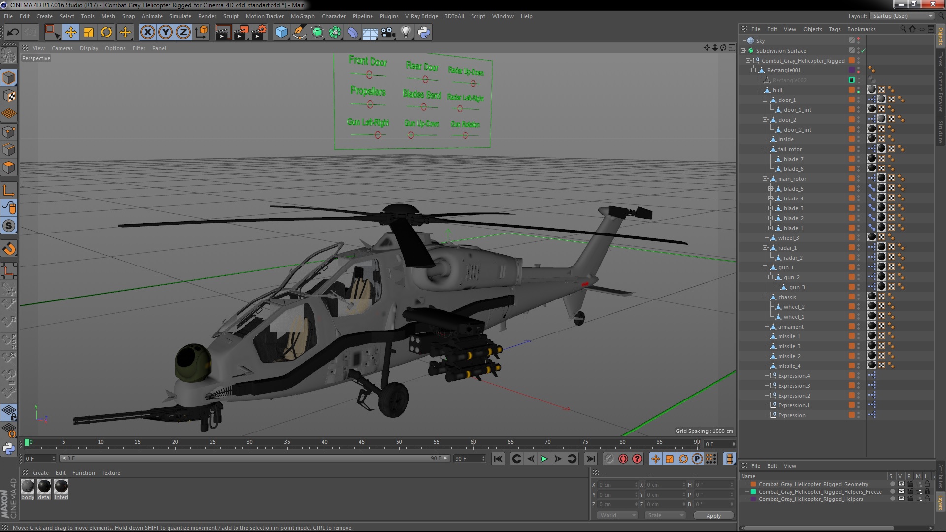 3D Combat Gray Helicopter Rigged for Cinema 4D model