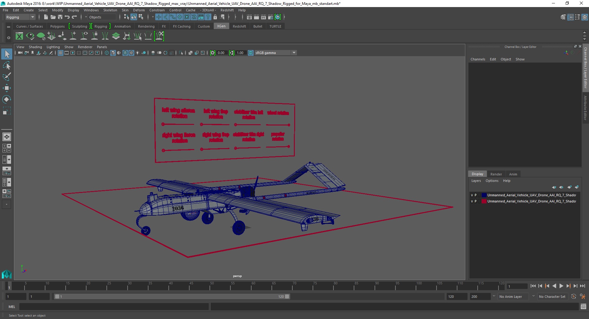 3D model Unmanned Aerial Vehicle UAV Drone AAI RQ 7 Shadow Rigged for Maya