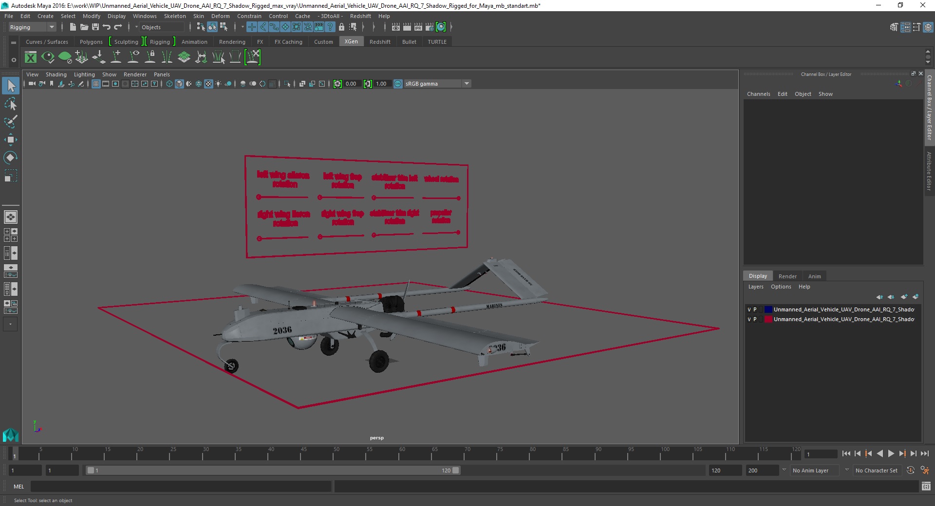 3D model Unmanned Aerial Vehicle UAV Drone AAI RQ 7 Shadow Rigged for Maya