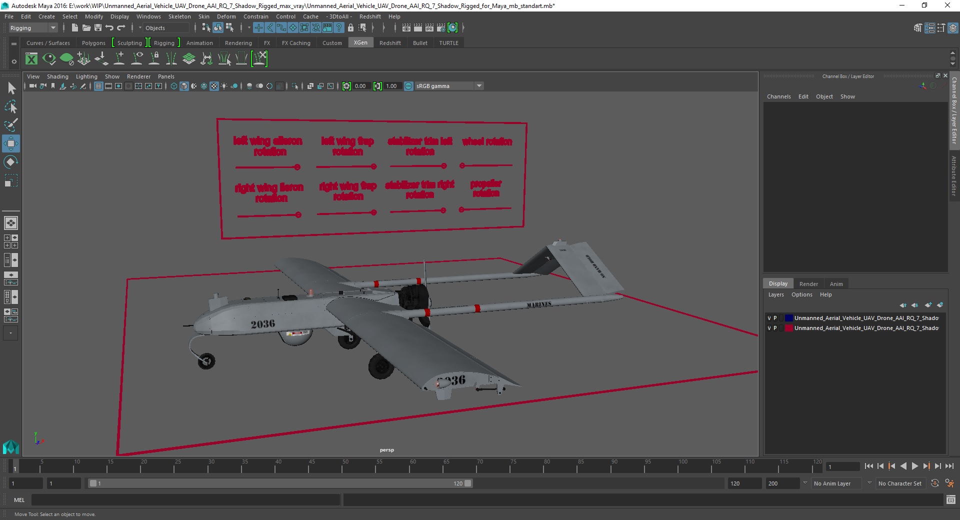 3D model Unmanned Aerial Vehicle UAV Drone AAI RQ 7 Shadow Rigged for Maya