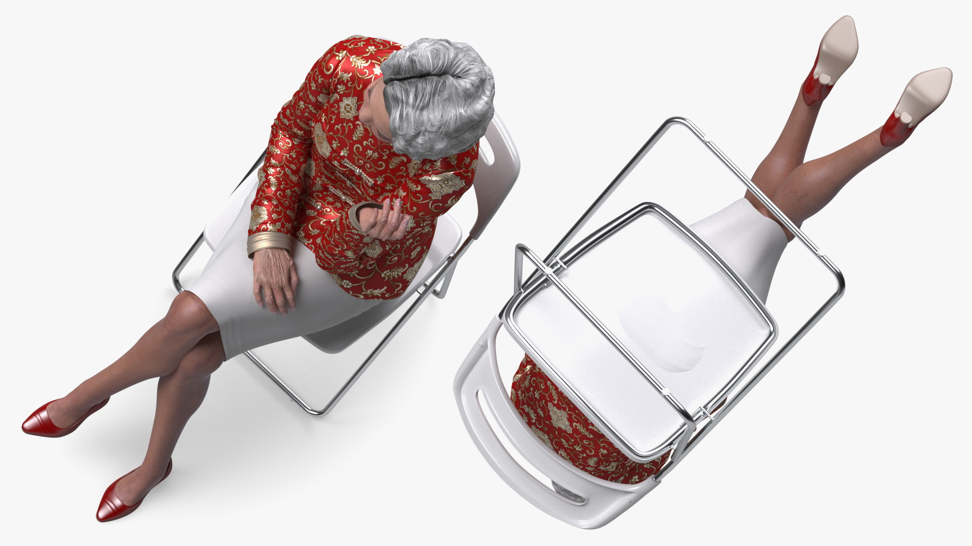 Old Chinese Woman Evening Dress Sitting 3D model