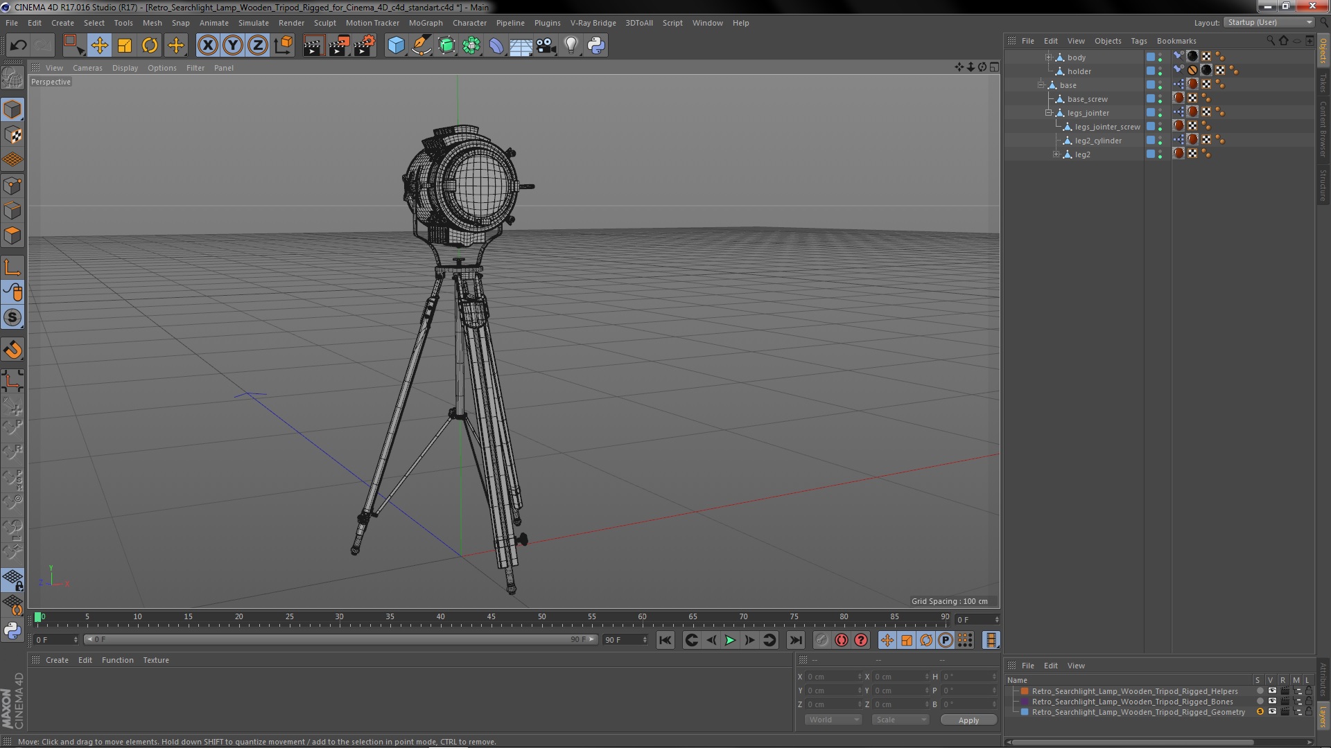 Retro Searchlight Lamp Wooden Tripod Rigged for Cinema 4D 3D