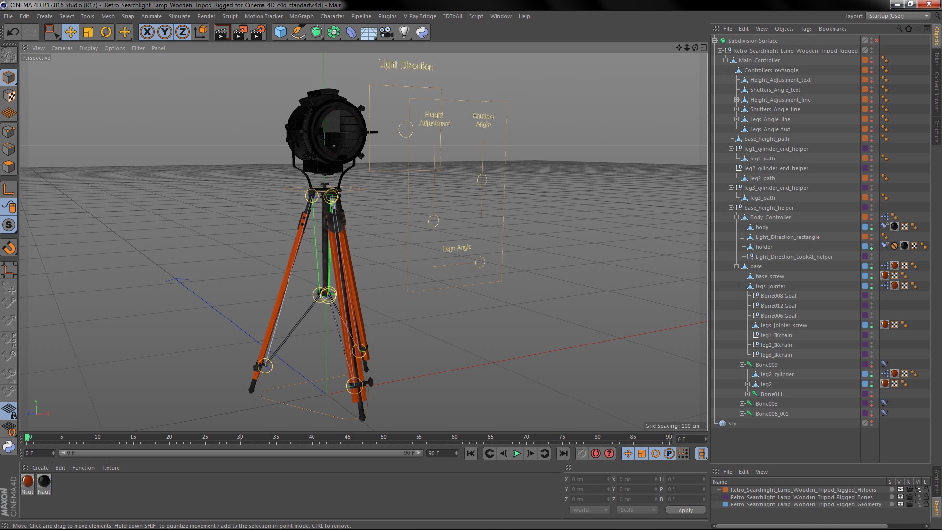 Retro Searchlight Lamp Wooden Tripod Rigged for Cinema 4D 3D