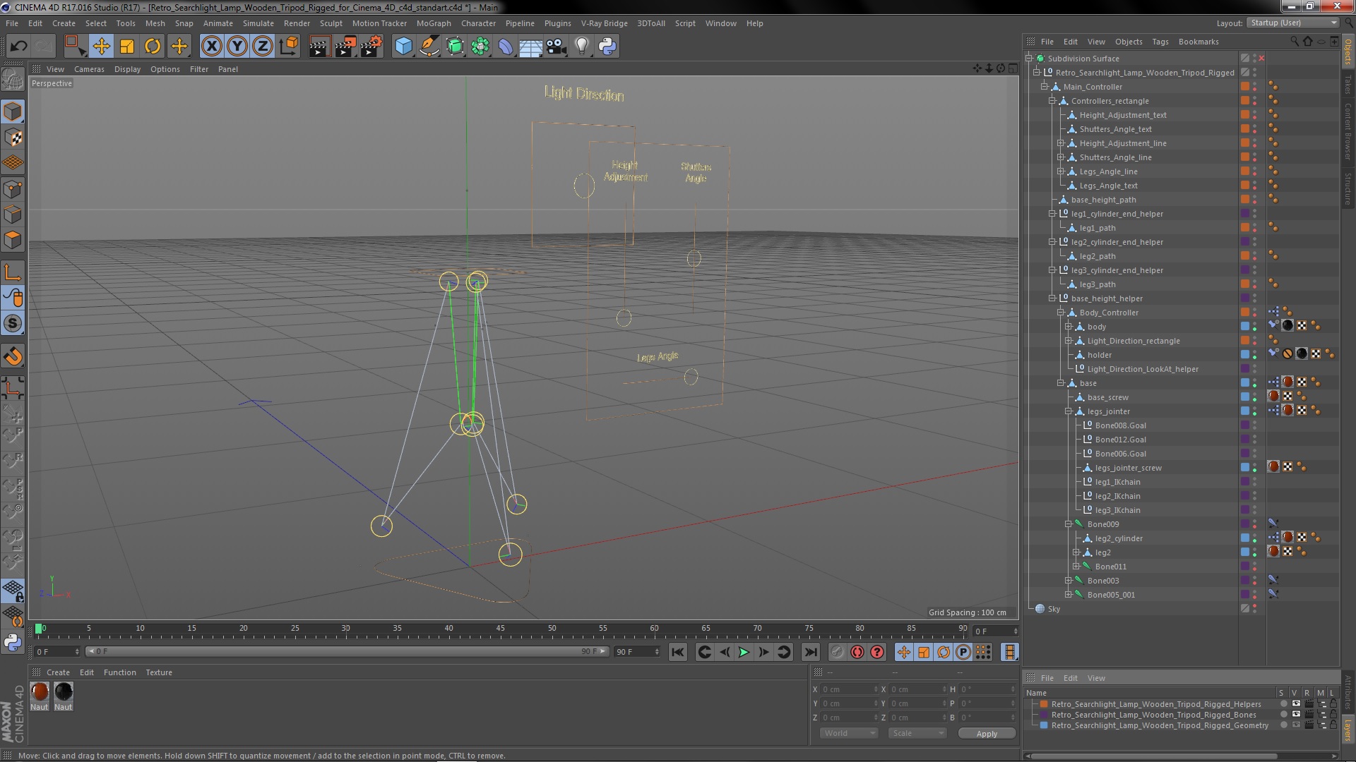 Retro Searchlight Lamp Wooden Tripod Rigged for Cinema 4D 3D