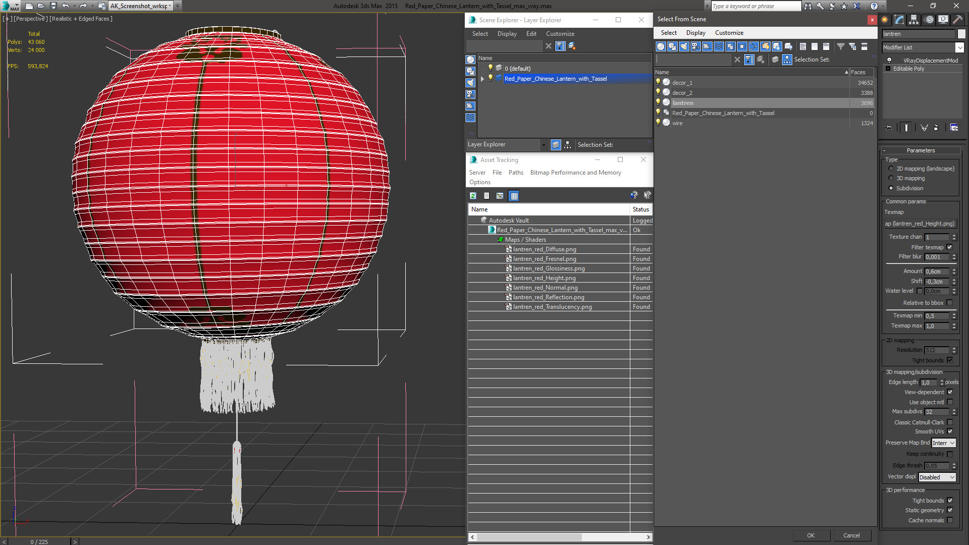 Red Paper Chinese Lantern with Tassel 3D