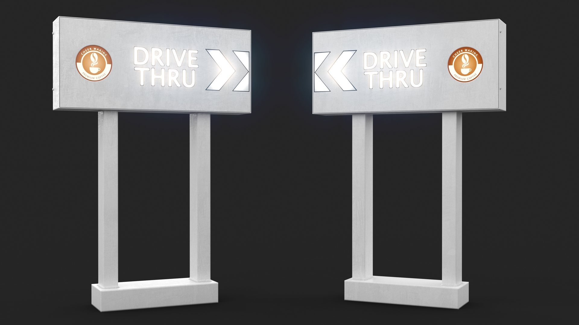 3D Coffee Shop Drive Thru Sign Light On
