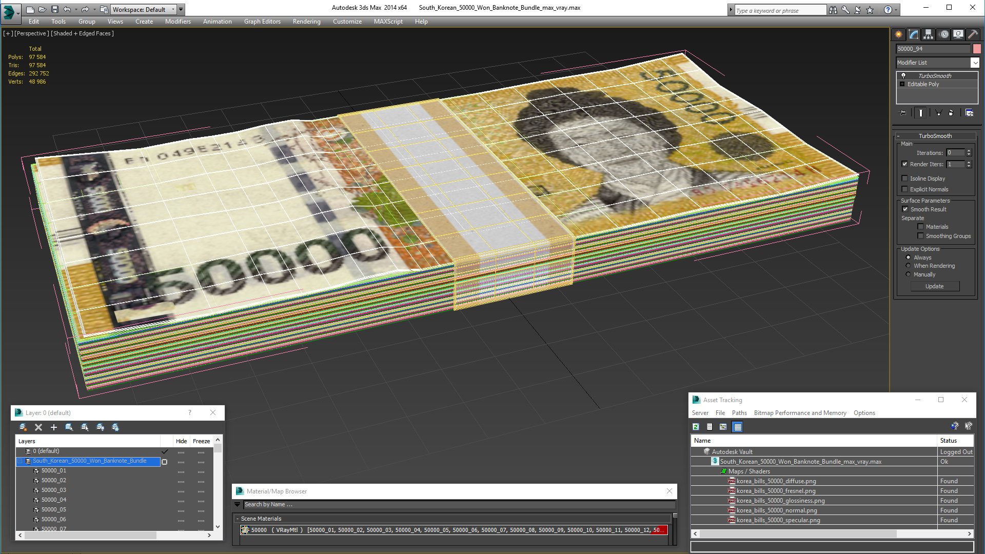 3D South Korean 50000 Won Banknote Bundle model