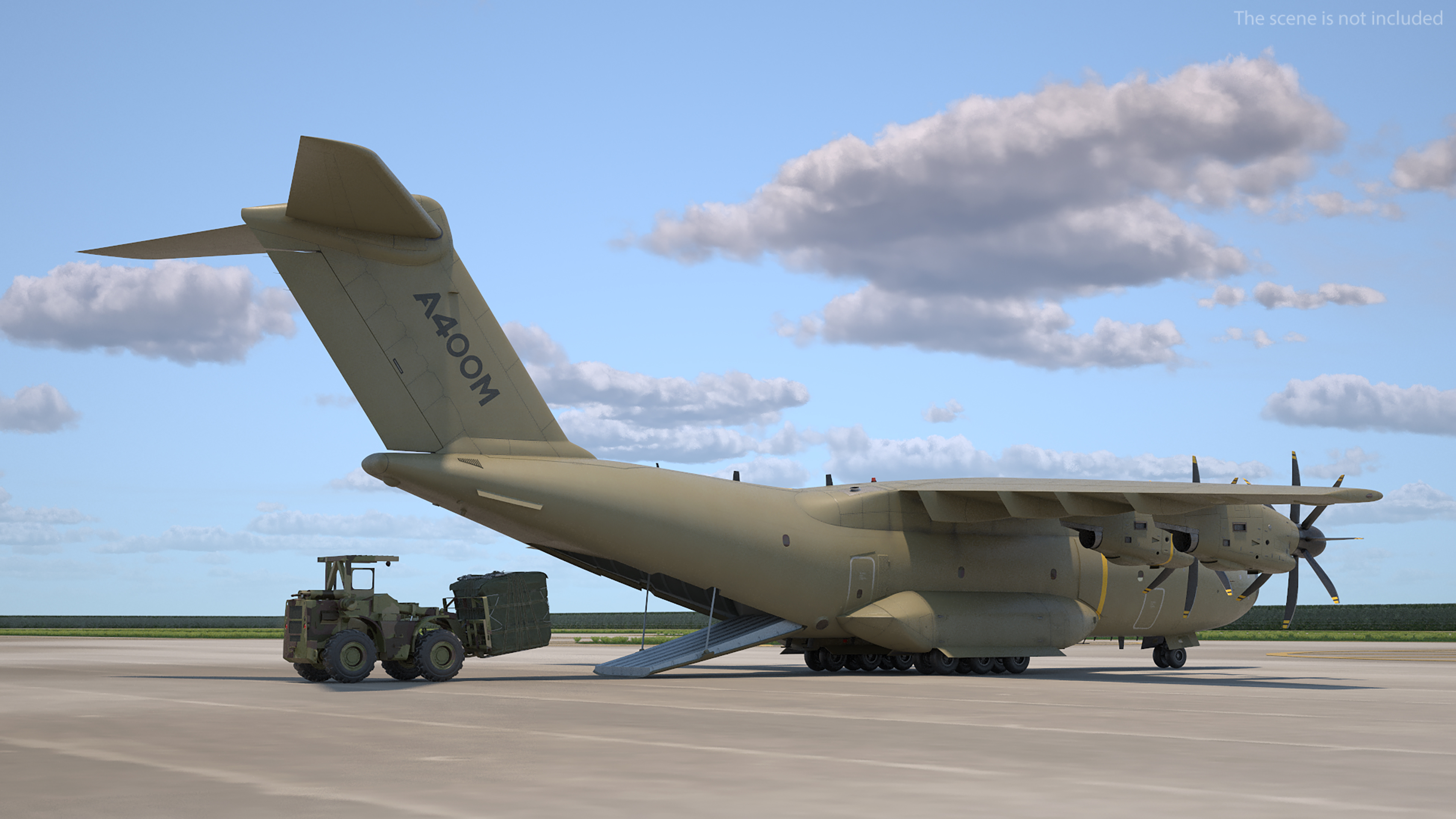 Forklift Loads Cargo to the Airbus Atlas Military Transport Green Rigged 3D