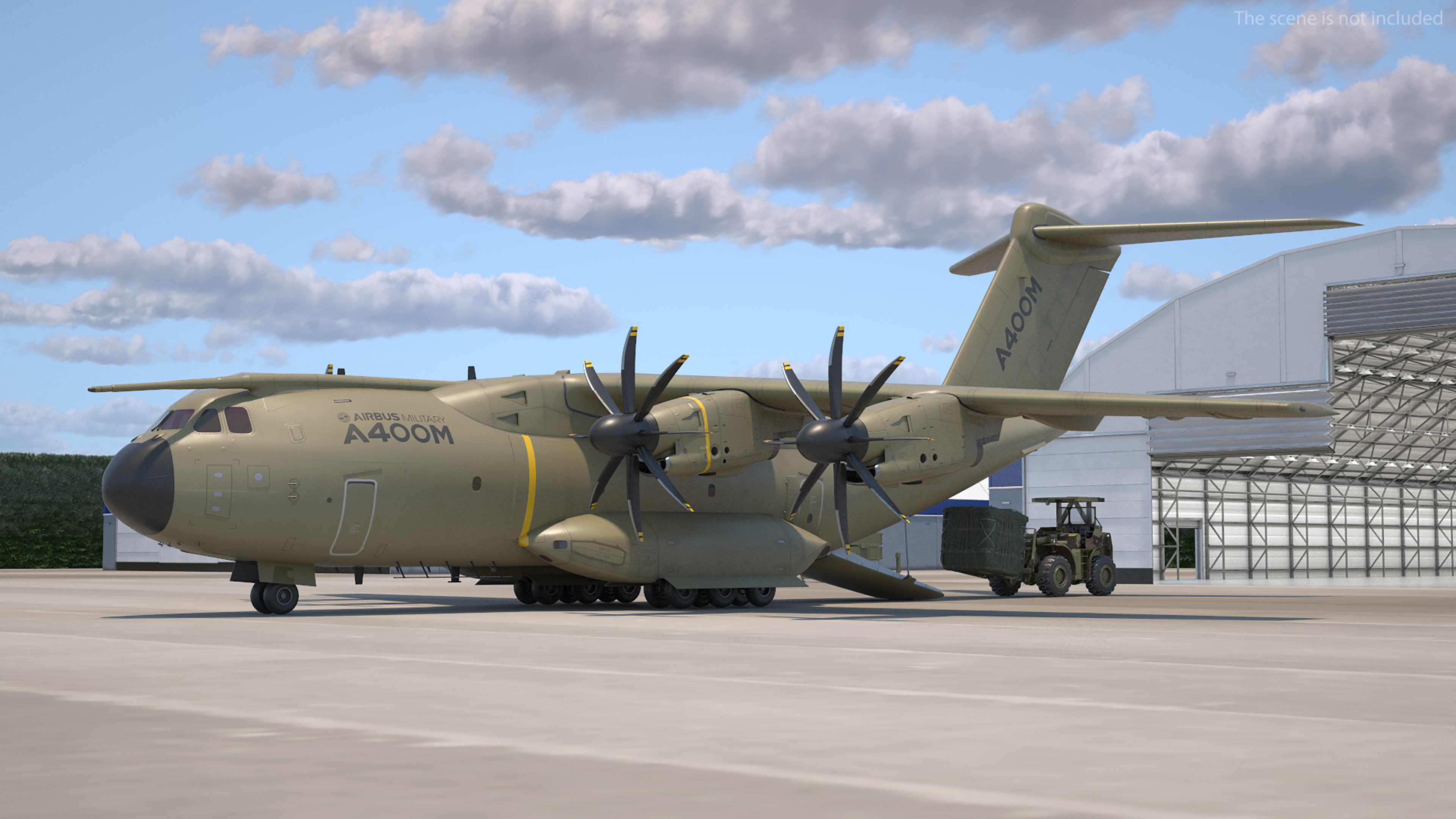 Forklift Loads Cargo to the Airbus Atlas Military Transport Green Rigged 3D