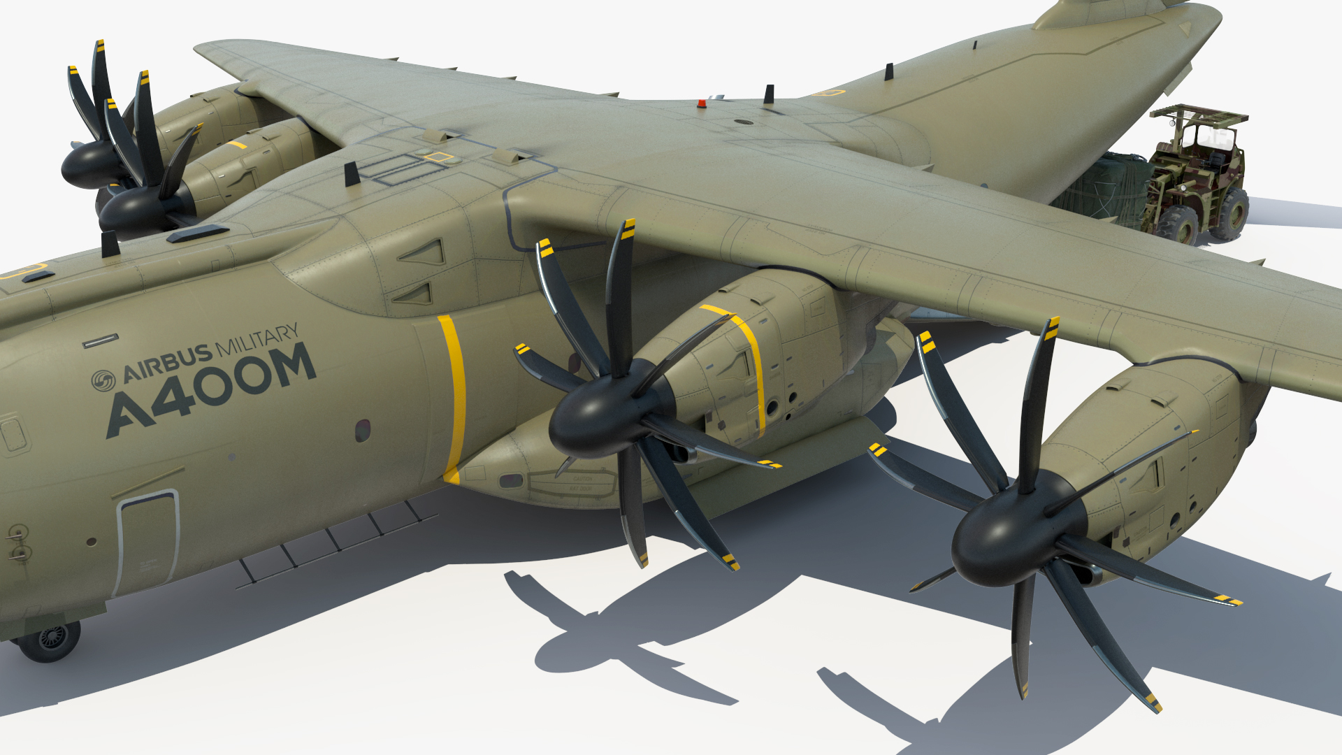 Forklift Loads Cargo to the Airbus Atlas Military Transport Green Rigged 3D