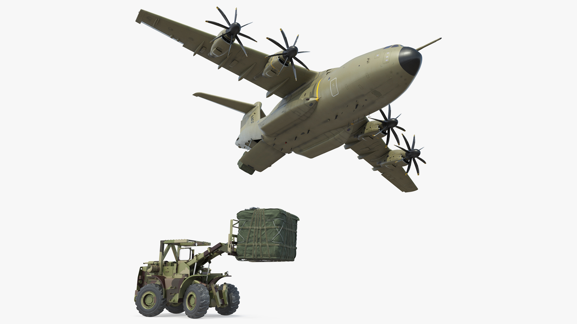 Forklift Loads Cargo to the Airbus Atlas Military Transport Green Rigged 3D