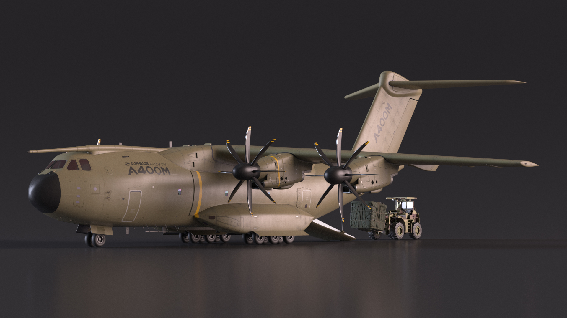 Forklift Loads Cargo to the Airbus Atlas Military Transport Green Rigged 3D