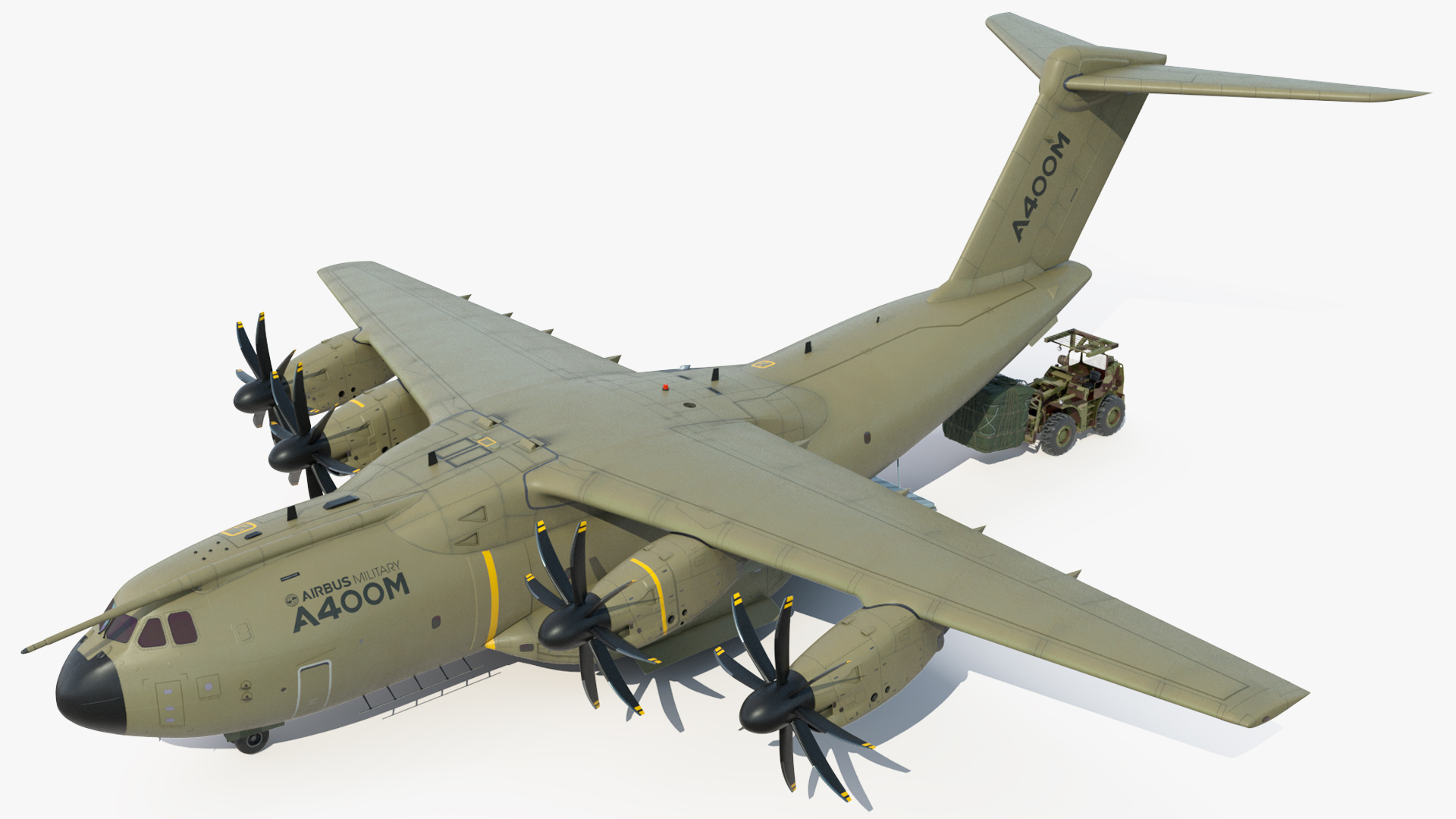 Forklift Loads Cargo to the Airbus Atlas Military Transport Green Rigged 3D