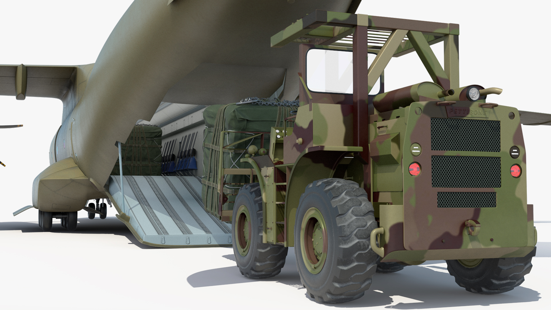 Forklift Loads Cargo to the Airbus Atlas Military Transport Green Rigged 3D